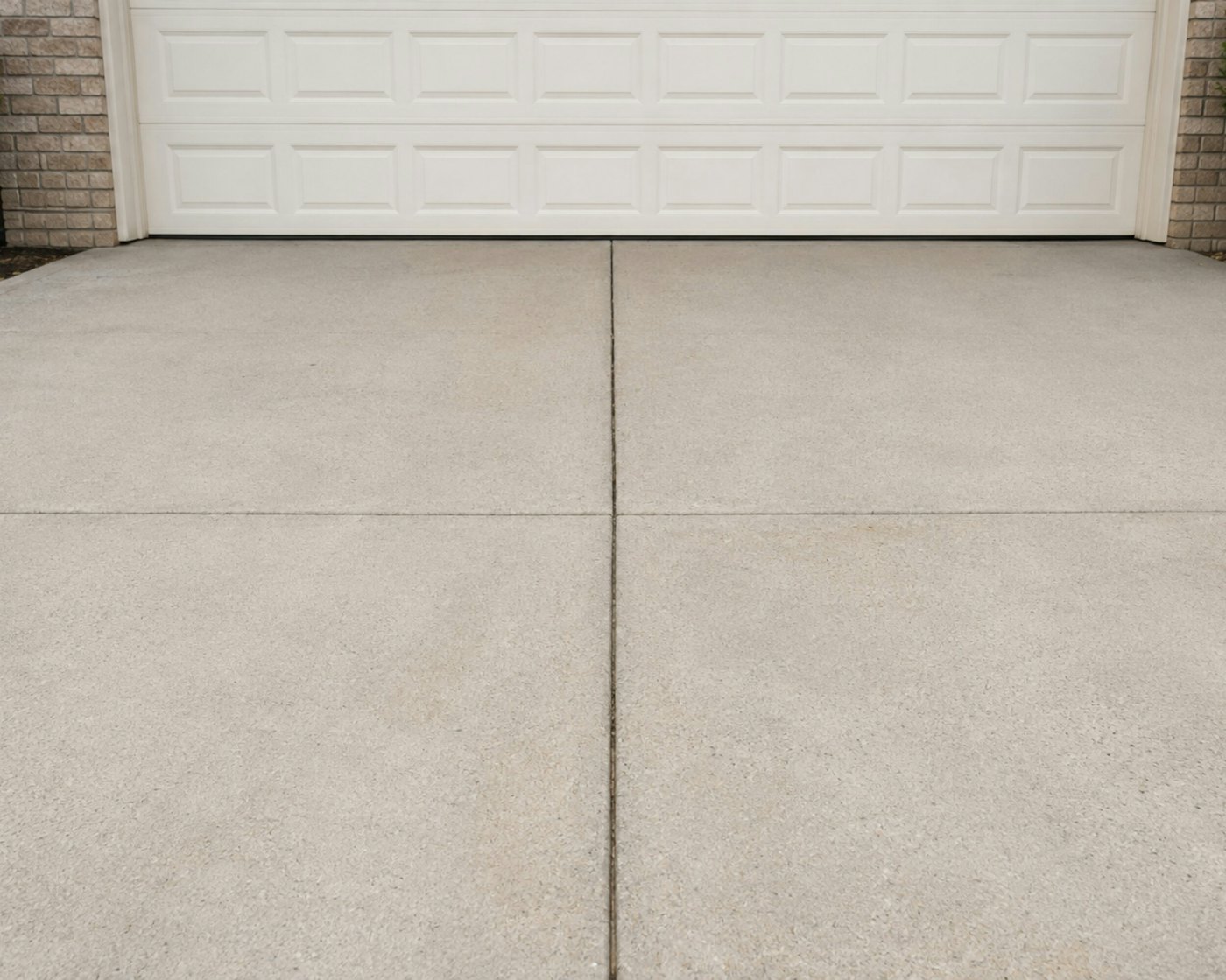 Broom-finished concrete driveway with control joints in front of a garage door